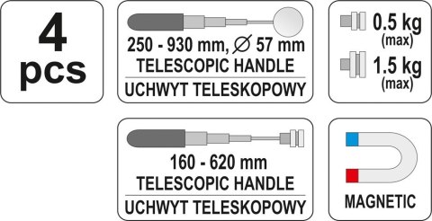 Parametry - Lusterko inspekcyjne YATO o średnicy 57 mm z regulacją długości.