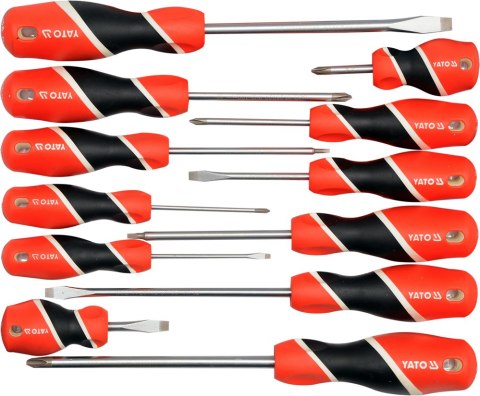 1️⃣ Zestaw wkrętaków YATO YT-25967 – 12 sztuk płaskich, PH i SQ do profesjonalnego użytku.