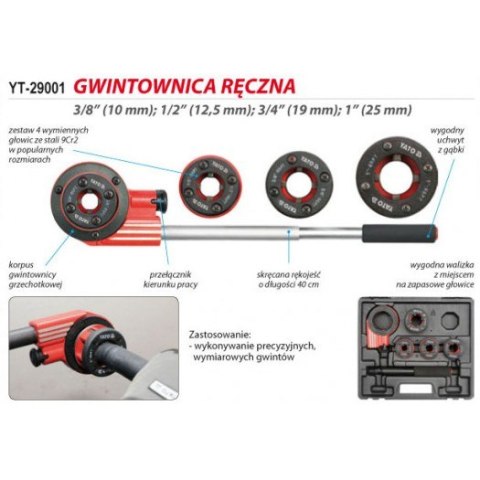 4 wymienne głowice do rur: 3/8", 1/2", 3/4", 1".