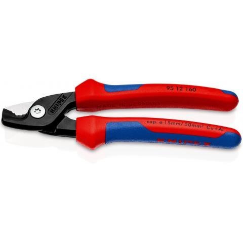 Nożyce do kabli KNIPEX StepCut 95 12 160 w kolorze srebrnym z czarno-czerwonymi rękojeściami Comfort.