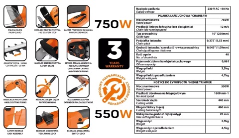 PILARKA ŁAŃCUCHOWA + NOŻYCE DO ŻYWOPŁOTU 2W1 Z WYSIĘGNIKIEM