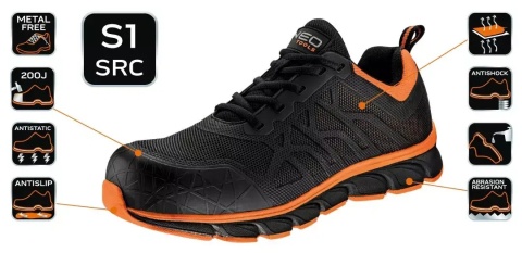 PÓŁBUTY ROBOCZE S1 SRC, PODNOSEK KOMPOZYTOWY, ROZM.45, CZARNO-POMARAŃCZOWE