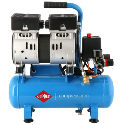 Cichy, bezolejowy kompresor Airpress L 6-105: 6 l, 48 l/min, 8 bar, 0.45 kW, napęd 1:1, cykl 20/80. Mobilny