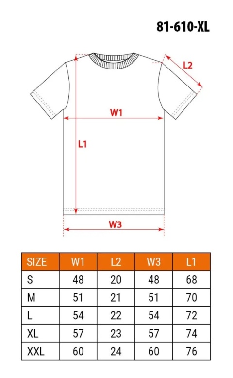 Tabela rozmiarów -  koszulki z krótkim rękawem .
