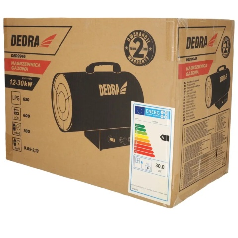 Opakowanie z Nagrzewnicą gazowa Dedra DED9946 o regulowanej mocy 12–30 kW.