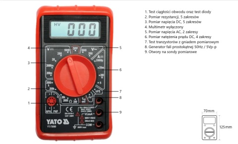 Uniwersalny multimetr YATO z pomiarem AC/DC do 500 V.