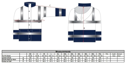 Tabela rozmiarów odzieży - Portwest Traffic Jacket z 4 kieszeniami i futrzaną podszewką.
