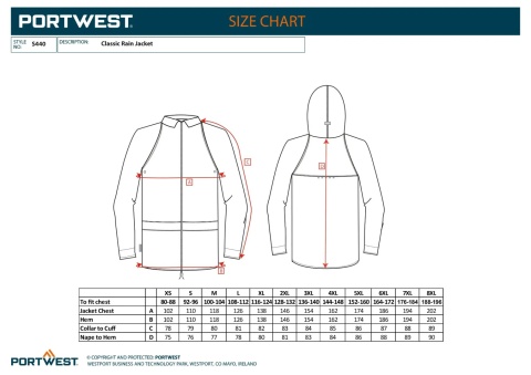 Tabela rozmiarów odziezy S440 XXL