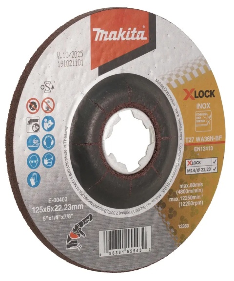 Profesjonalna tarcza Makita 125 mm X-LOCK – precyzyjne szlifowanie metalu.