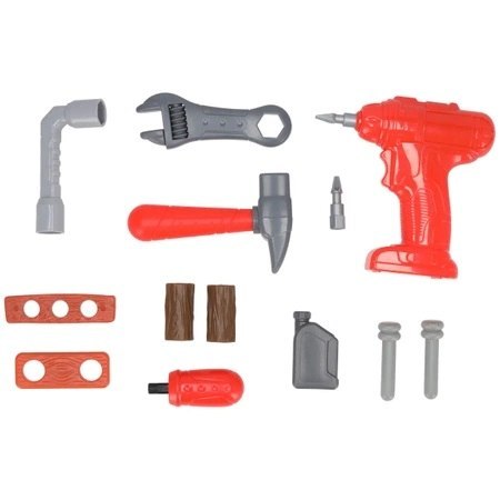 Zestaw warsztatowy Dedra z młotkiem, śrubkami i kluczami.