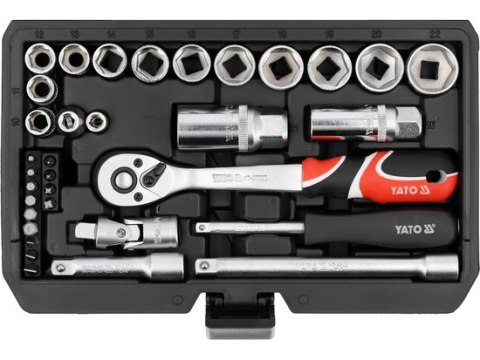 Zestaw narzędziowy YATO YT-38700 z napędami 1/4 i 3/8 cala, 34 elementy.